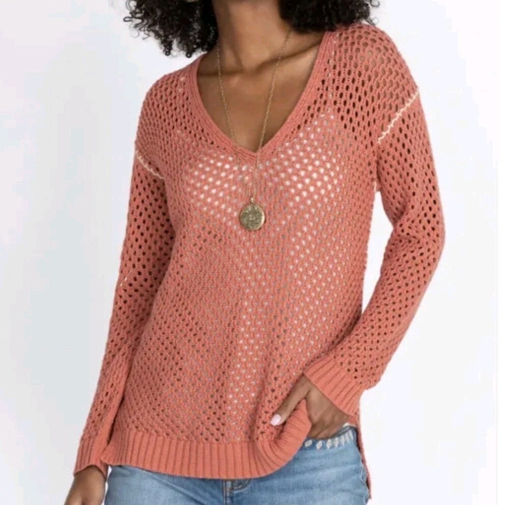 Johnny Was Coral Theresa Open Knit Crochet V-Neck Sweater Women's Medium M